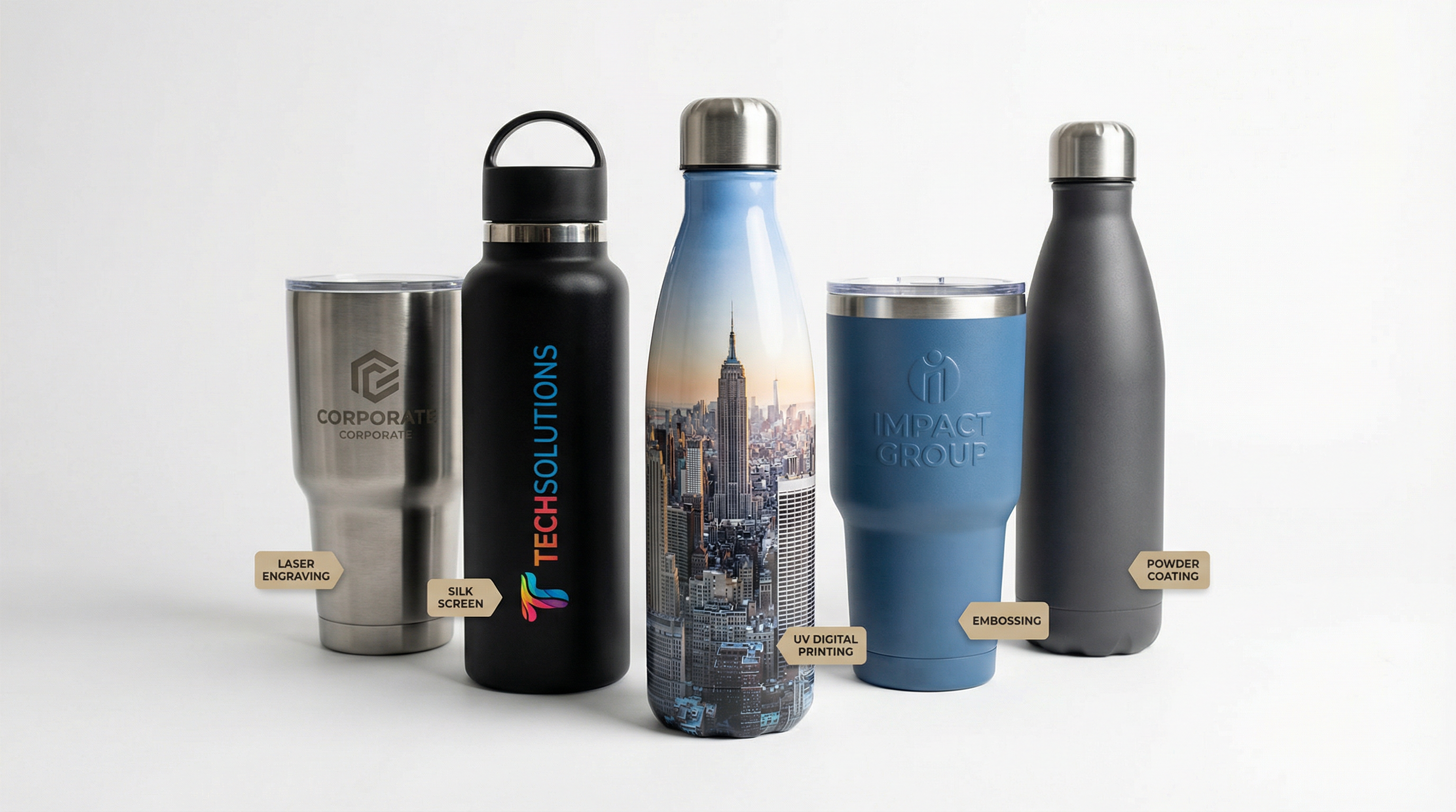 Custom drinkware printing methods including laser engraving, silk screen, UV digital printing, embossing, and powder coating for corporate branding