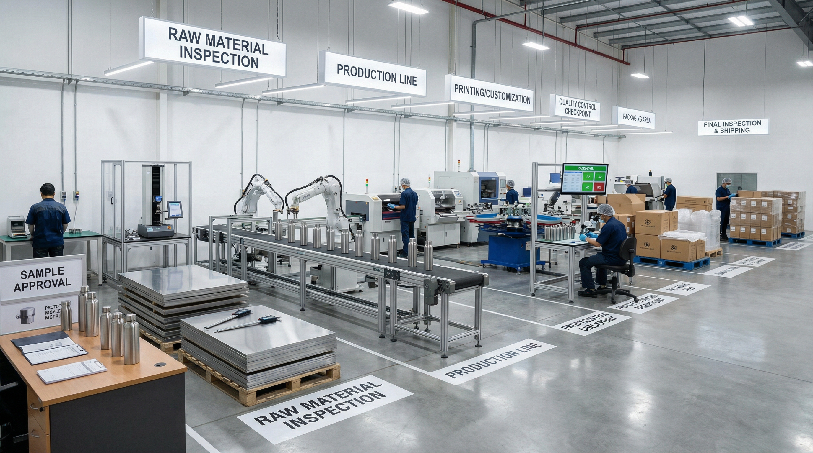 Complete mass production and quality control process for custom drinkware manufacturing, from sample approval to final inspection and shipping